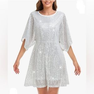 NOYIVA Womens Sequin Loose Dress Party Split Sleeves Casual Loose Dresses White